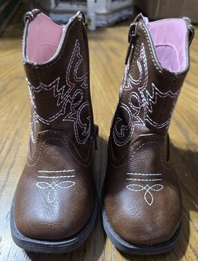 Kids Brown Western Boots with Pink And Silver/white Threading With A Pink Lining